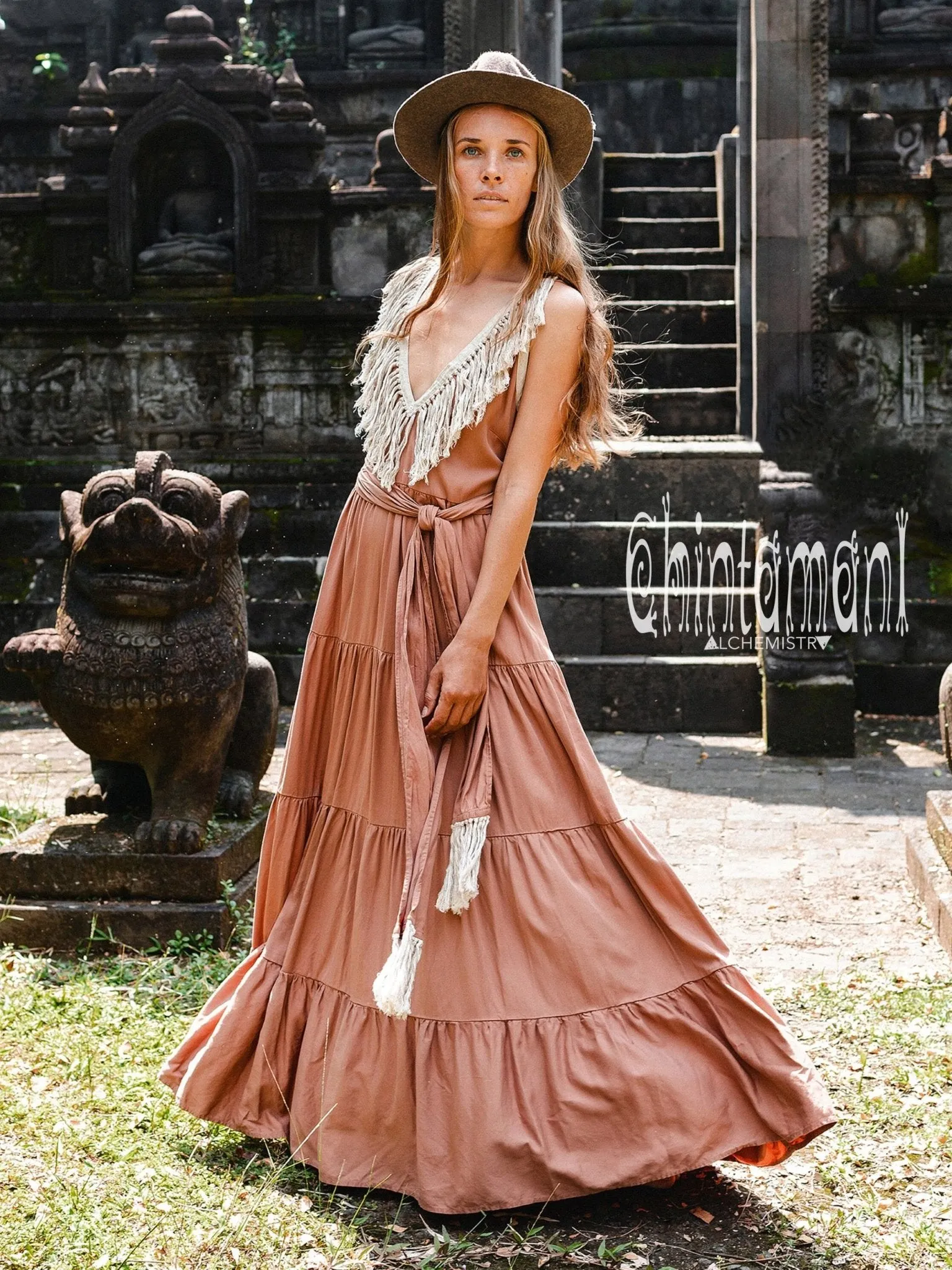 Cotton Maxi Tiered Dress with Fringes / Dusty Pink