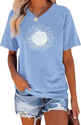 EADINVE Women's Summer Short Sleeve Cute Sunflower Graphic Printed Tee Vintage T Shirt Cotton Tops Novelty Cool Shirts