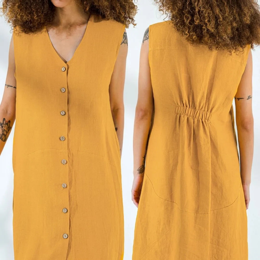 Elastic Back Linen Flax Dress
