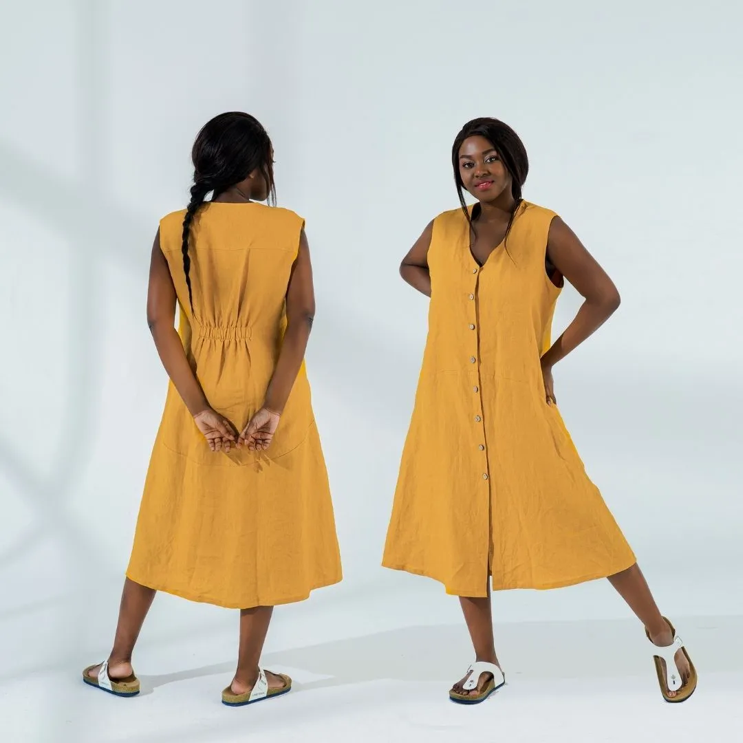 Elastic Back Linen Flax Dress
