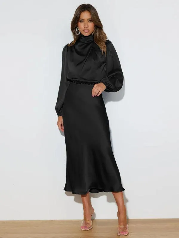 Elegant Dropped Sleeve Satin Midi Dress - A Must-Have for Every Fashionista