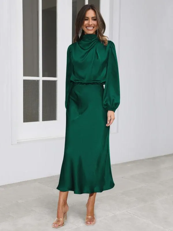 Elegant Dropped Sleeve Satin Midi Dress - A Must-Have for Every Fashionista
