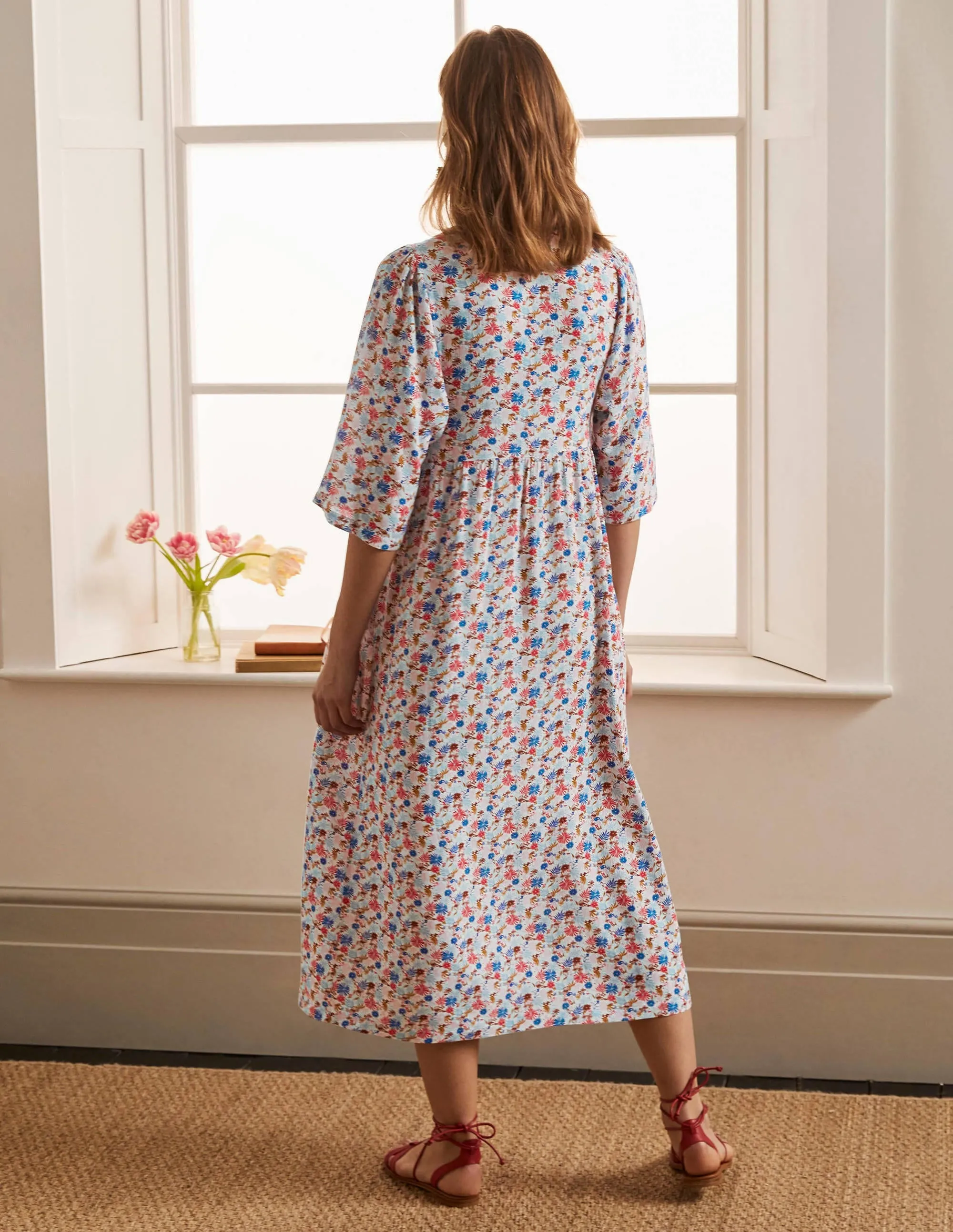Empire-waist Midi Dress-Ivory, Enchanting Floral