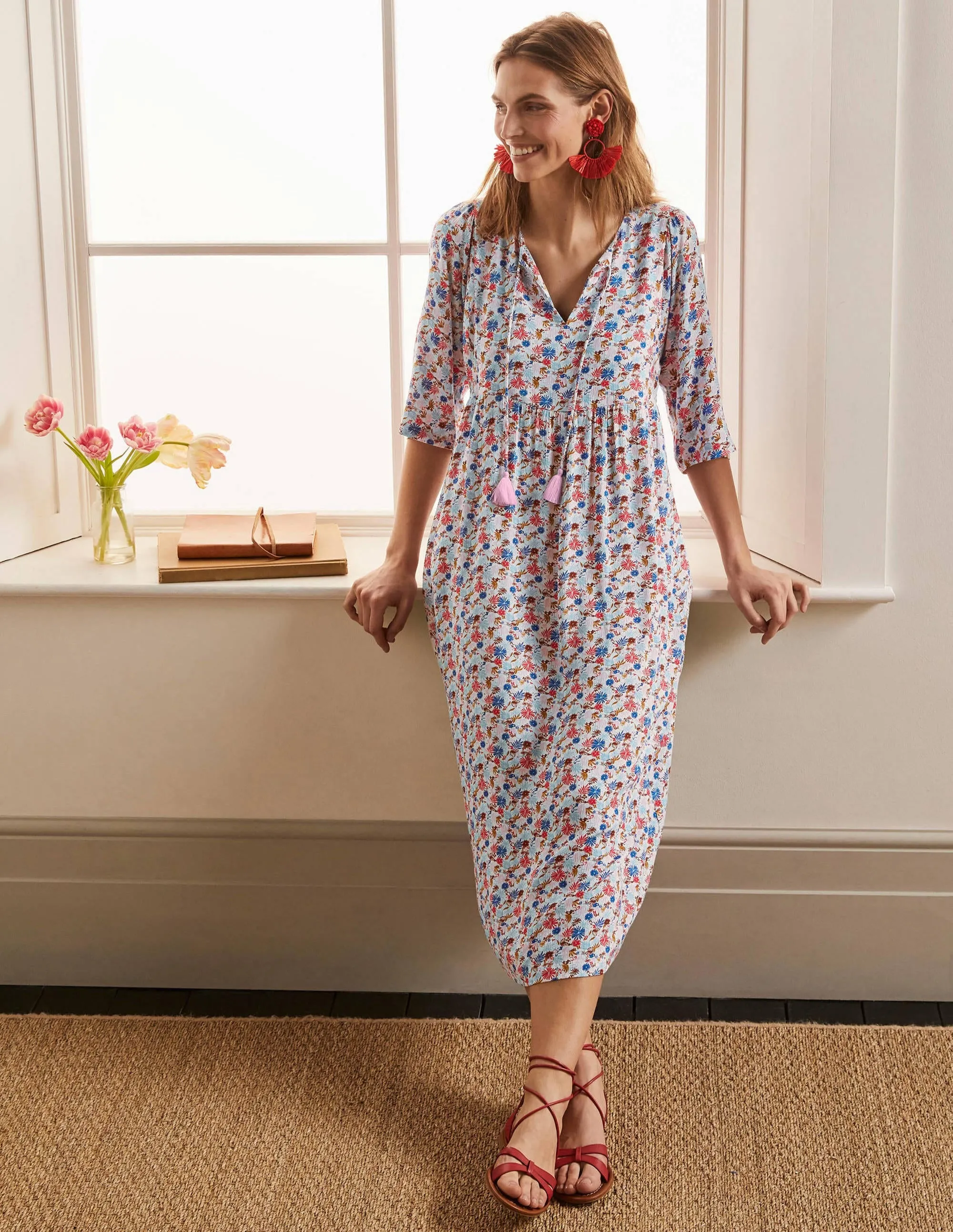 Empire-waist Midi Dress-Ivory, Enchanting Floral