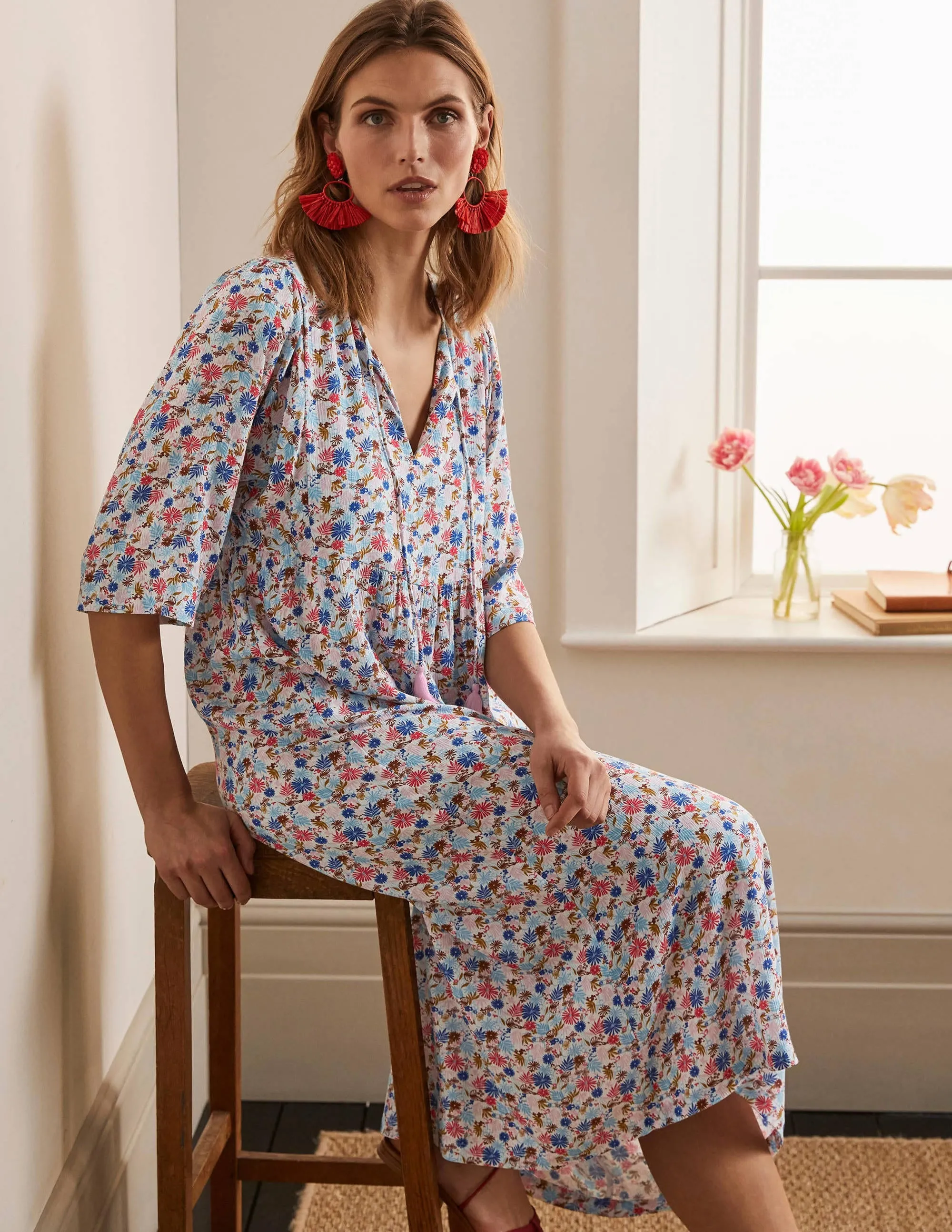 Empire-waist Midi Dress-Ivory, Enchanting Floral