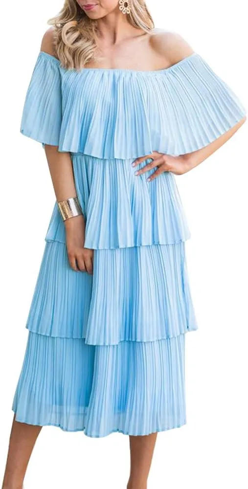 ETCYY Women's Off The Shoulder Ruffles Summer Wedding Guest Loose Casual Chiffon Long Party Beach Maxi Dress