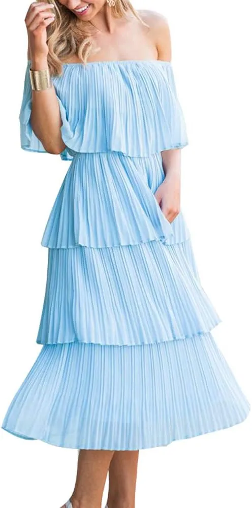 ETCYY Women's Off The Shoulder Ruffles Summer Wedding Guest Loose Casual Chiffon Long Party Beach Maxi Dress
