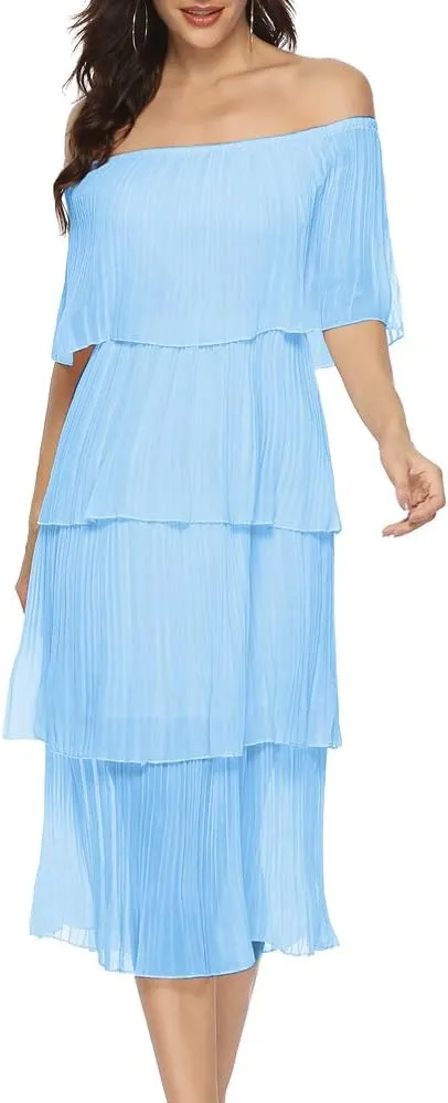 ETCYY Women's Off The Shoulder Ruffles Summer Wedding Guest Loose Casual Chiffon Long Party Beach Maxi Dress