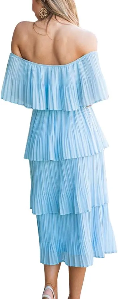 ETCYY Women's Off The Shoulder Ruffles Summer Wedding Guest Loose Casual Chiffon Long Party Beach Maxi Dress
