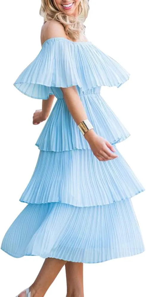 ETCYY Women's Off The Shoulder Ruffles Summer Wedding Guest Loose Casual Chiffon Long Party Beach Maxi Dress