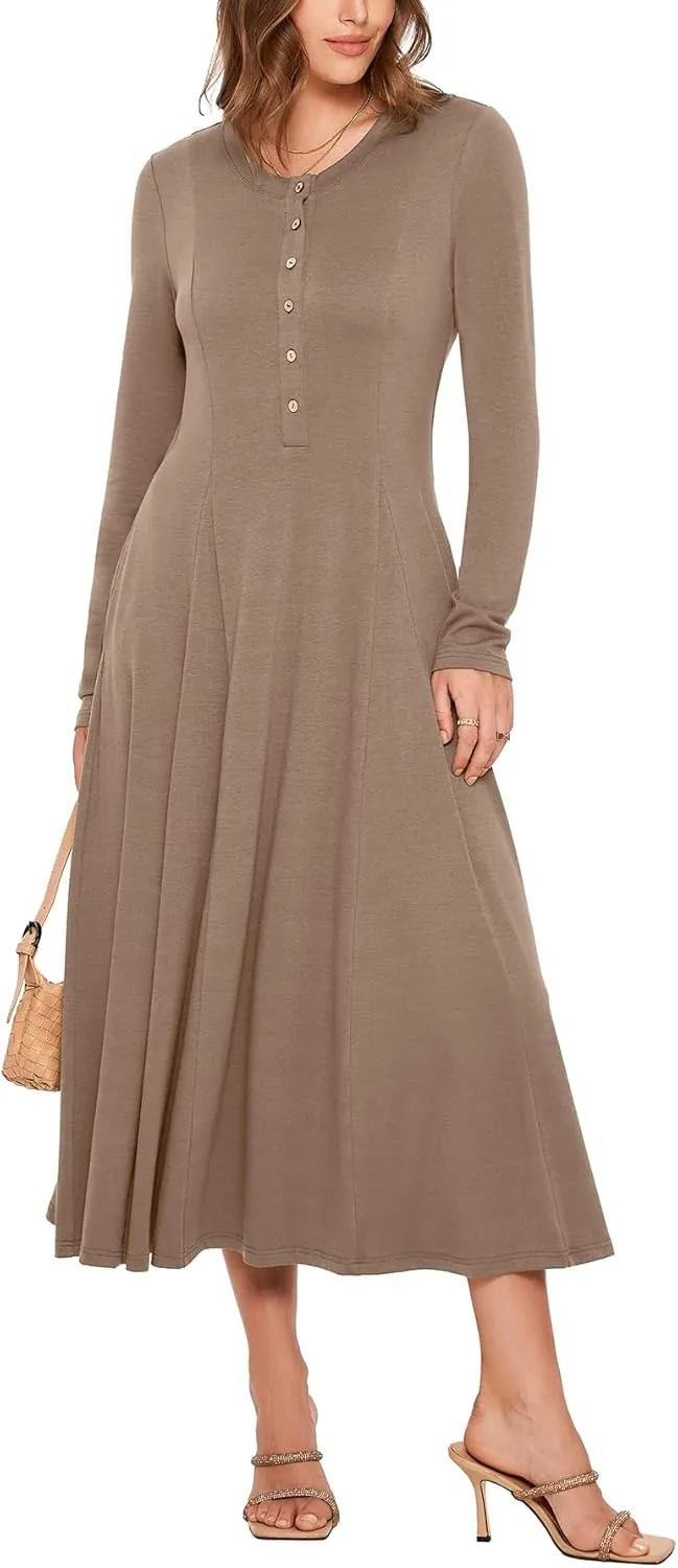 Glamaker Womens Casual Long Sleeve Maxi Dresses Crew Neck Button Down A line Flowy Dresses with Pockets