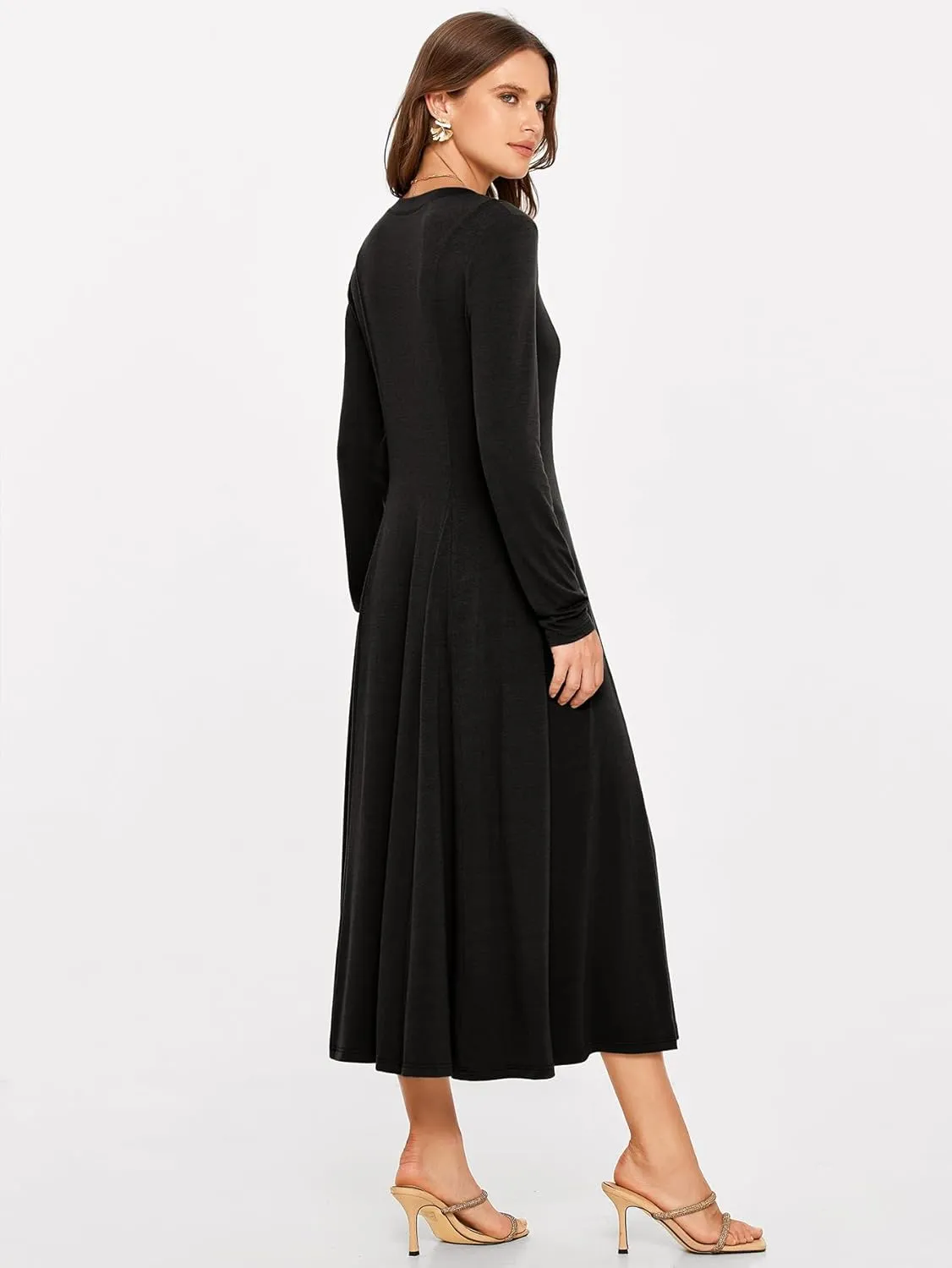 Glamaker Womens Casual Long Sleeve Maxi Dresses Crew Neck Button Down A line Flowy Dresses with Pockets