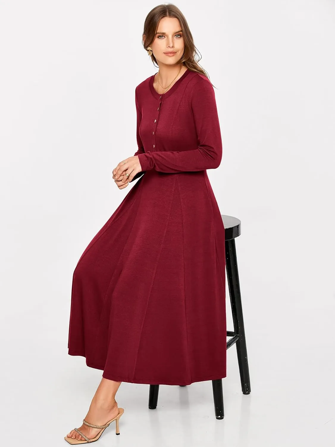 Glamaker Womens Casual Long Sleeve Maxi Dresses Crew Neck Button Down A line Flowy Dresses with Pockets