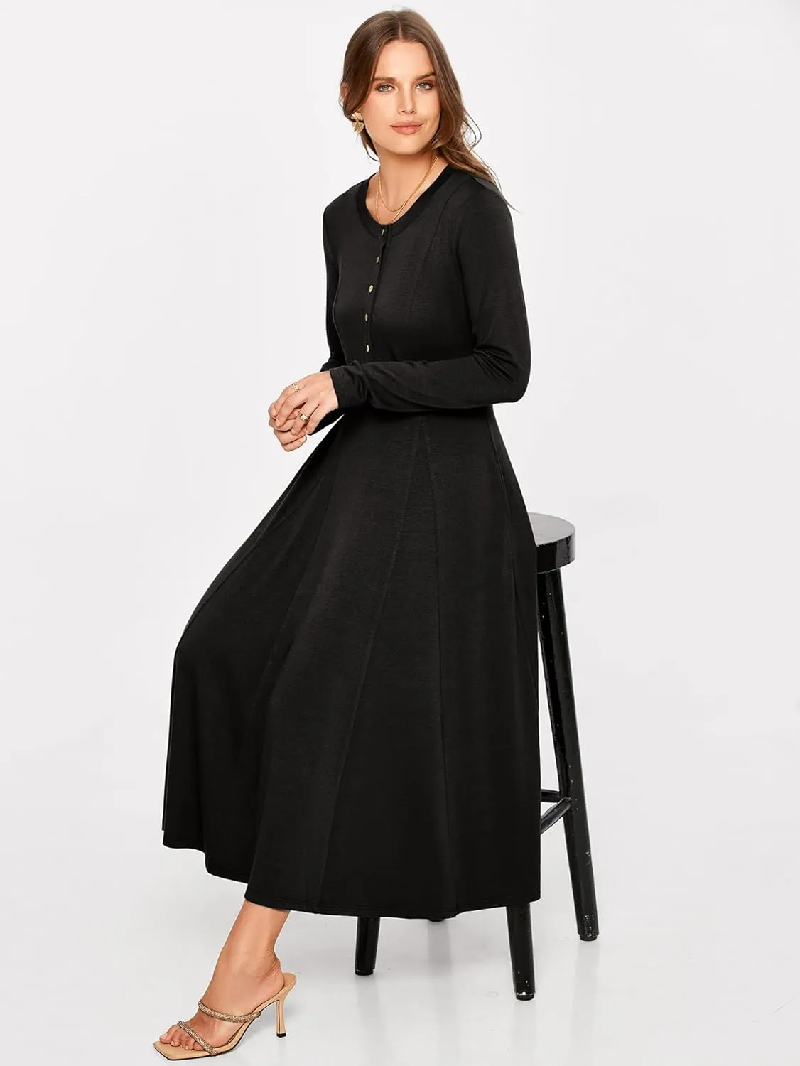 Glamaker Womens Casual Long Sleeve Maxi Dresses Crew Neck Button Down A line Flowy Dresses with Pockets