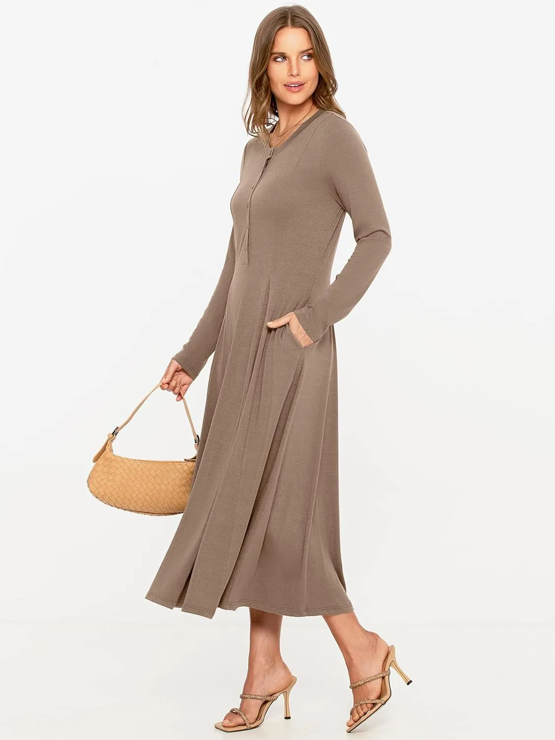 Glamaker Womens Casual Long Sleeve Maxi Dresses Crew Neck Button Down A line Flowy Dresses with Pockets