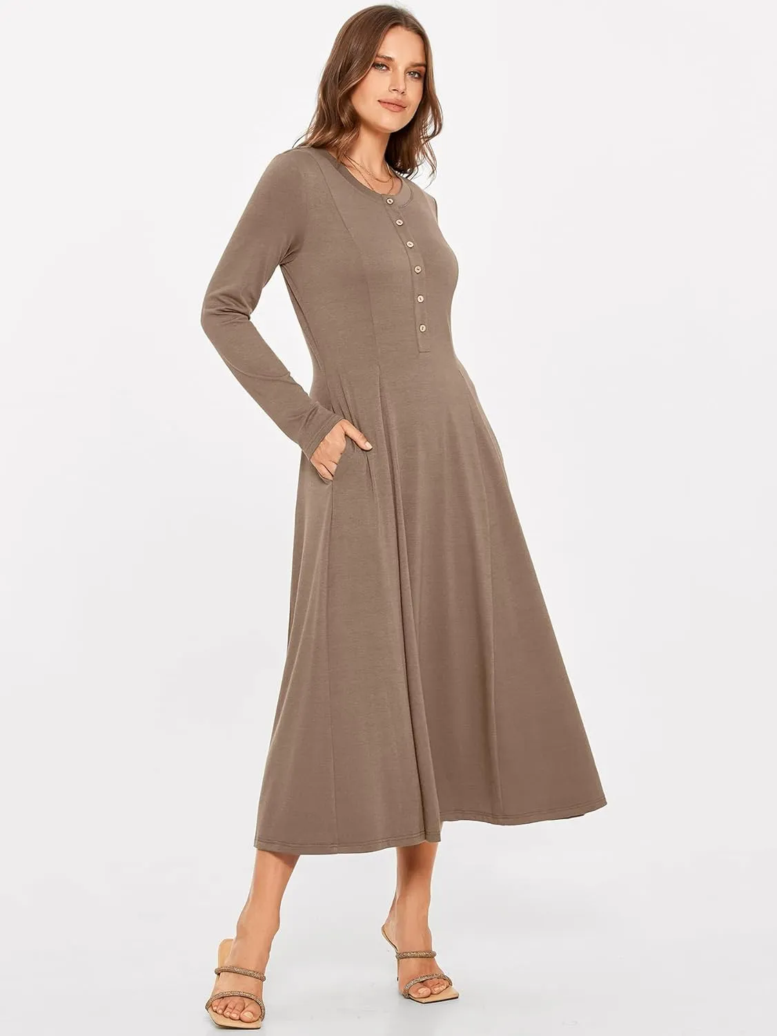 Glamaker Womens Casual Long Sleeve Maxi Dresses Crew Neck Button Down A line Flowy Dresses with Pockets