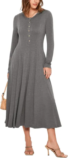Glamaker Womens Casual Long Sleeve Maxi Dresses Crew Neck Button Down A line Flowy Dresses with Pockets