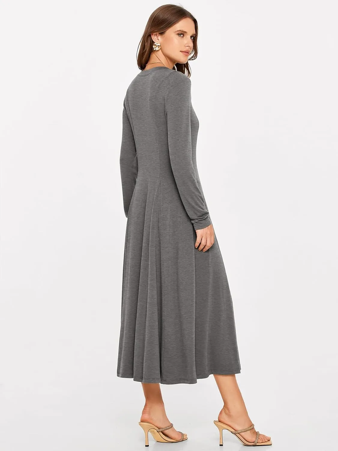 Glamaker Womens Casual Long Sleeve Maxi Dresses Crew Neck Button Down A line Flowy Dresses with Pockets