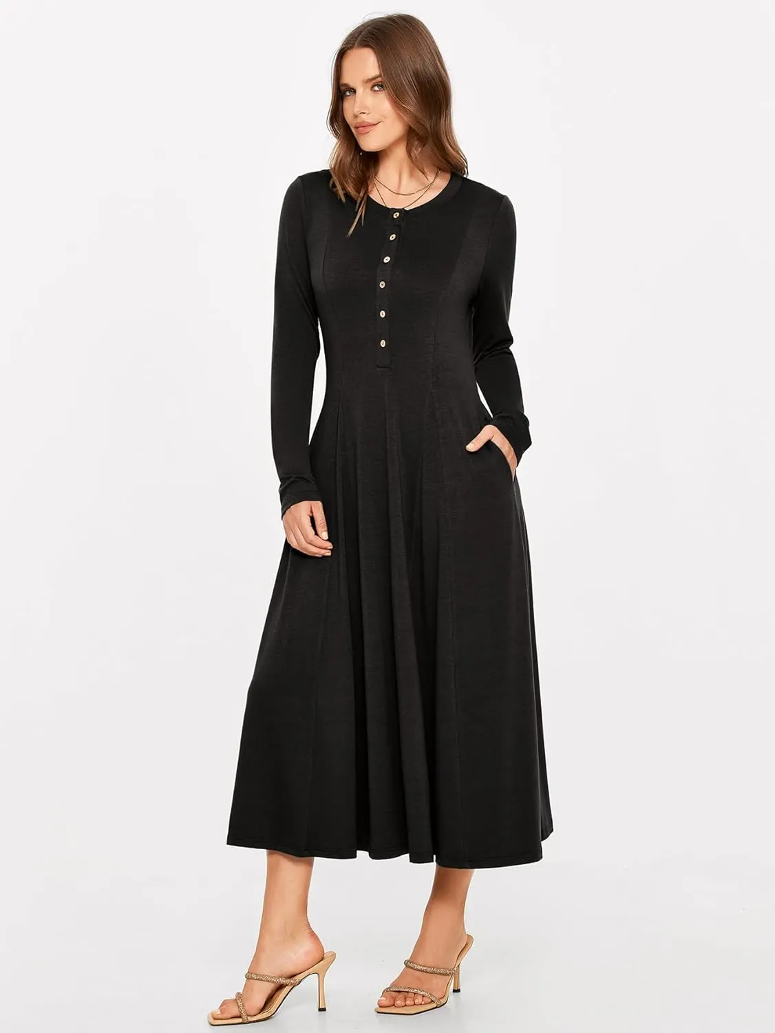 Glamaker Womens Casual Long Sleeve Maxi Dresses Crew Neck Button Down A line Flowy Dresses with Pockets