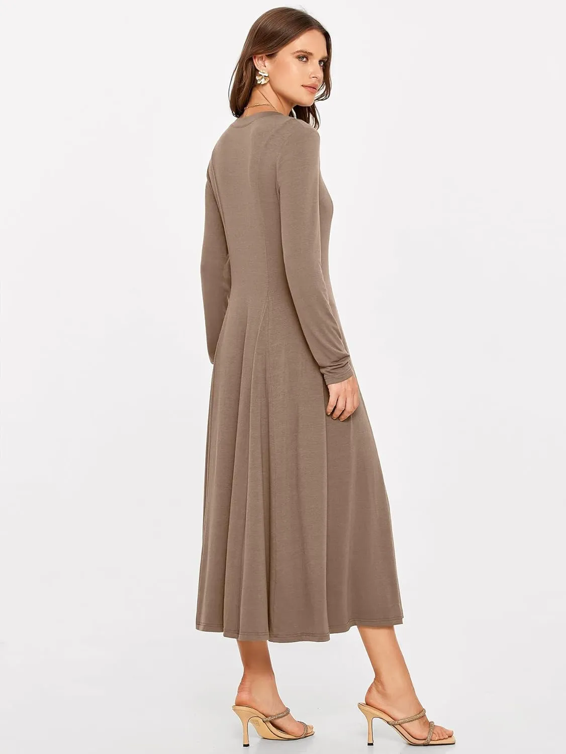 Glamaker Womens Casual Long Sleeve Maxi Dresses Crew Neck Button Down A line Flowy Dresses with Pockets