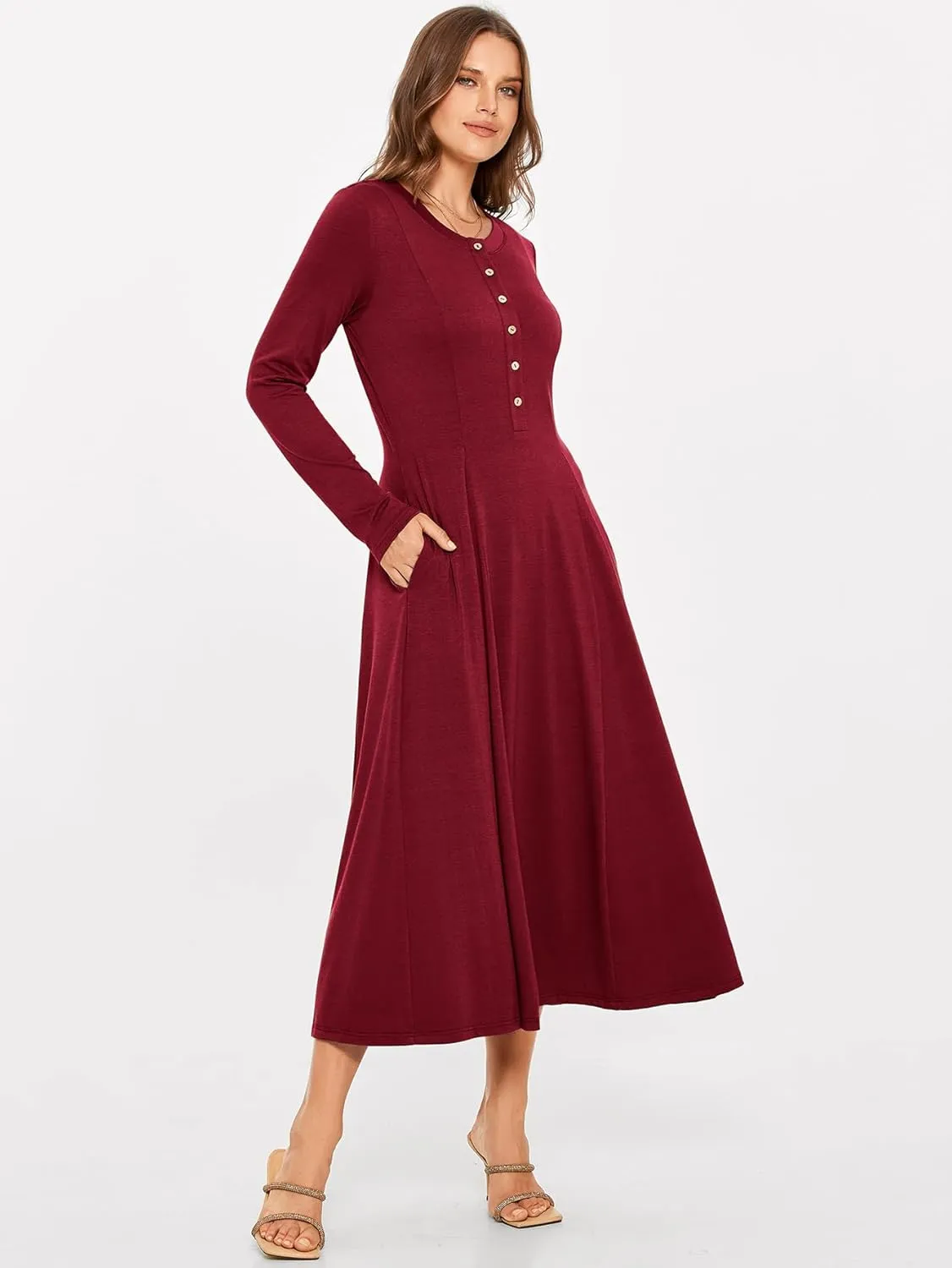 Glamaker Womens Casual Long Sleeve Maxi Dresses Crew Neck Button Down A line Flowy Dresses with Pockets