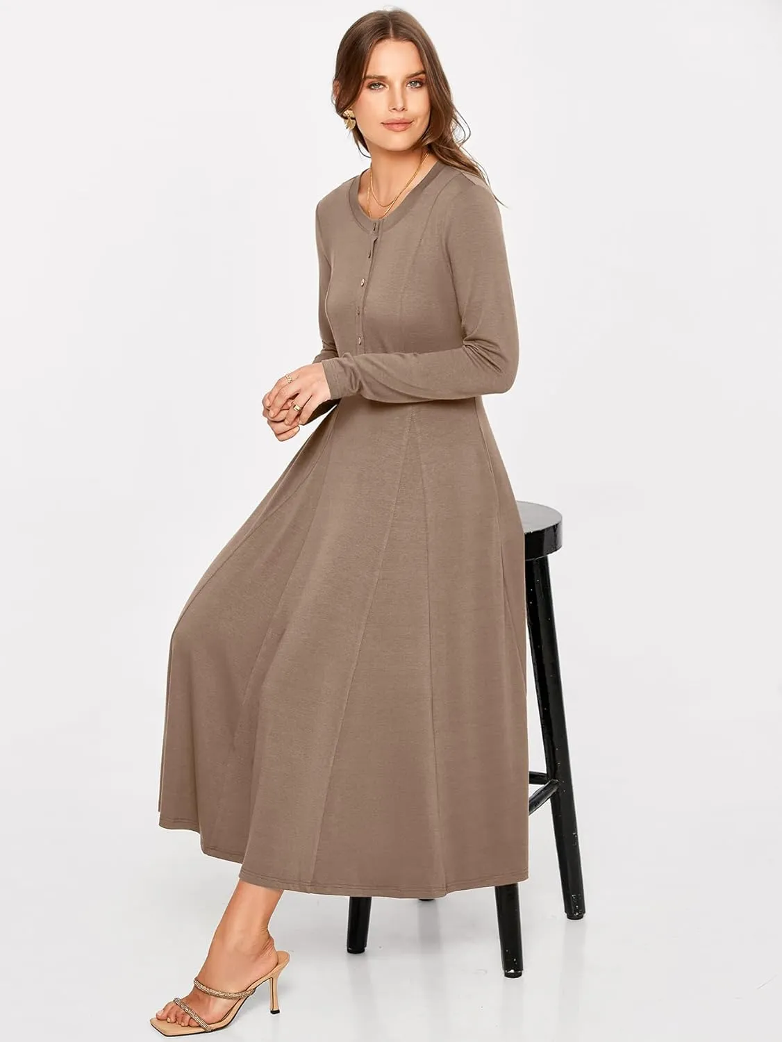 Glamaker Womens Casual Long Sleeve Maxi Dresses Crew Neck Button Down A line Flowy Dresses with Pockets