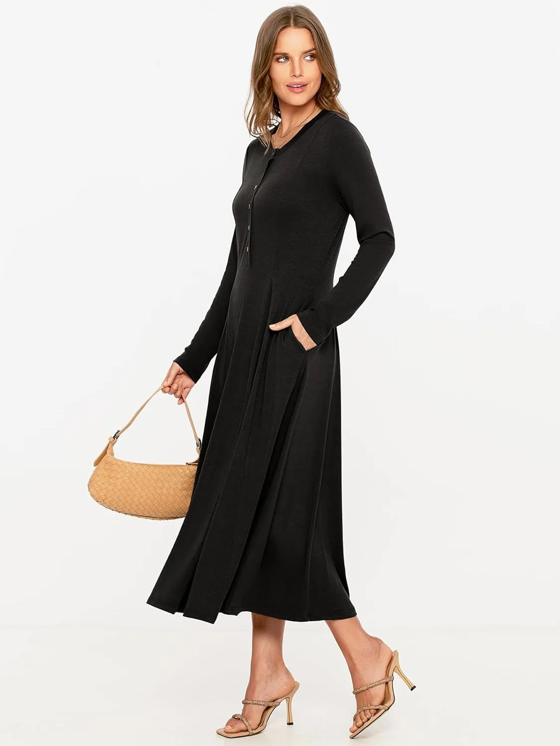 Glamaker Womens Casual Long Sleeve Maxi Dresses Crew Neck Button Down A line Flowy Dresses with Pockets