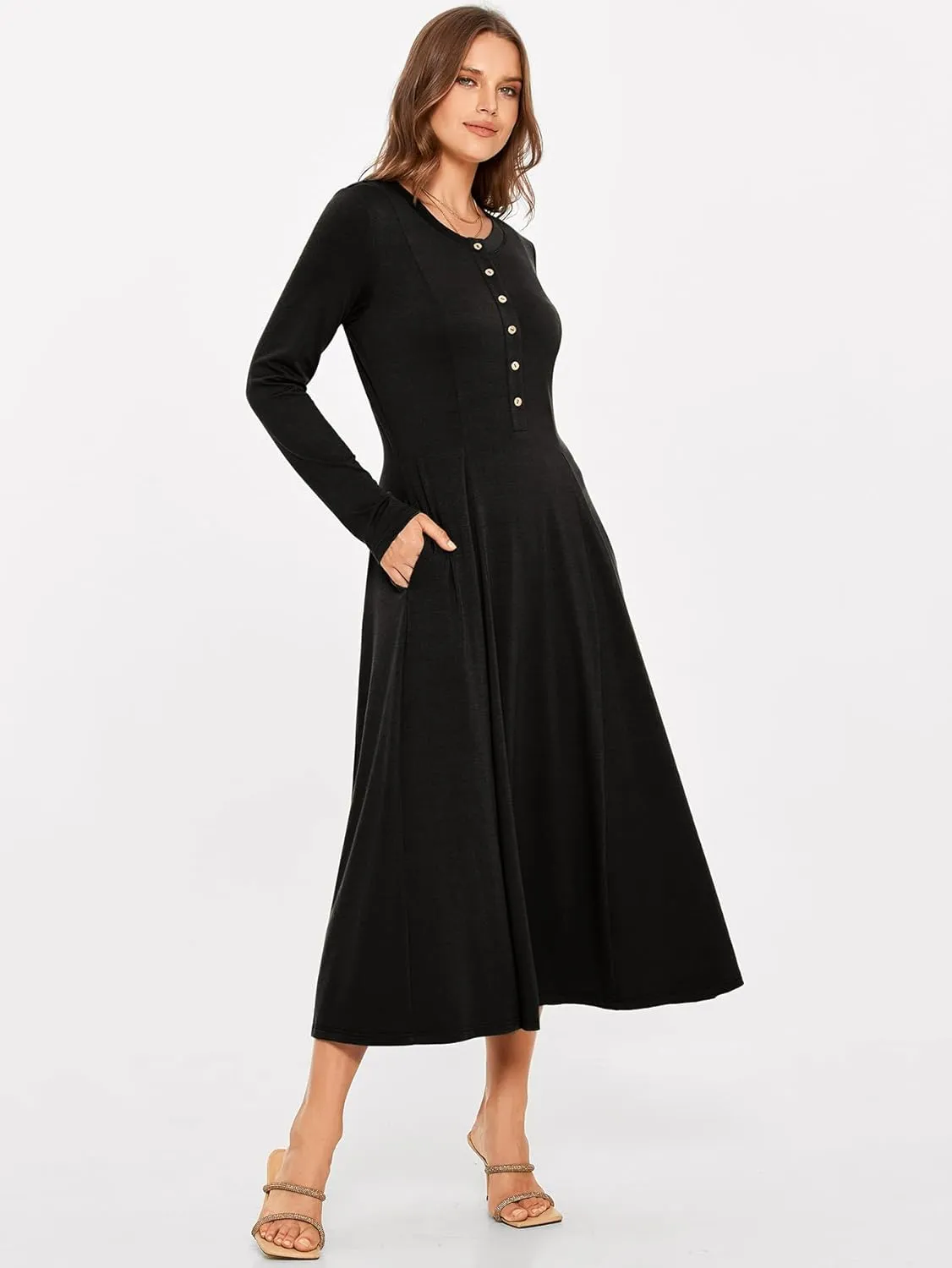 Glamaker Womens Casual Long Sleeve Maxi Dresses Crew Neck Button Down A line Flowy Dresses with Pockets