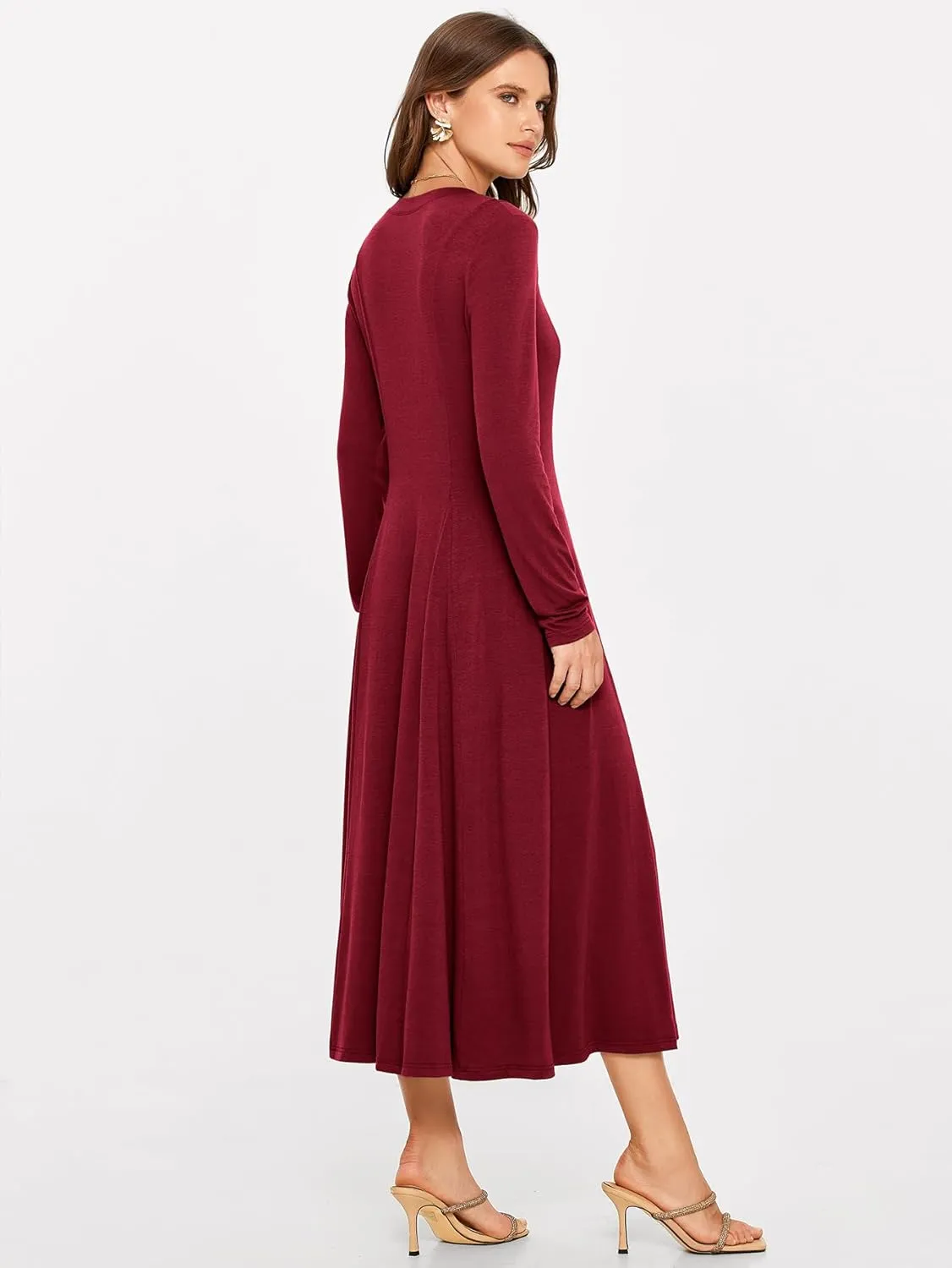 Glamaker Womens Casual Long Sleeve Maxi Dresses Crew Neck Button Down A line Flowy Dresses with Pockets