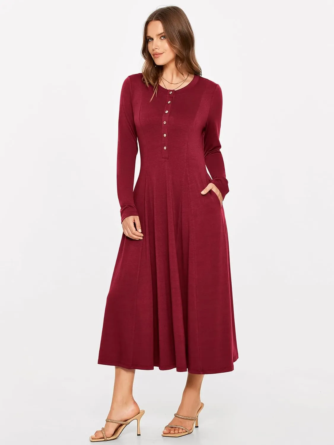 Glamaker Womens Casual Long Sleeve Maxi Dresses Crew Neck Button Down A line Flowy Dresses with Pockets