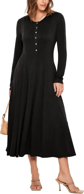 Glamaker Womens Casual Long Sleeve Maxi Dresses Crew Neck Button Down A line Flowy Dresses with Pockets