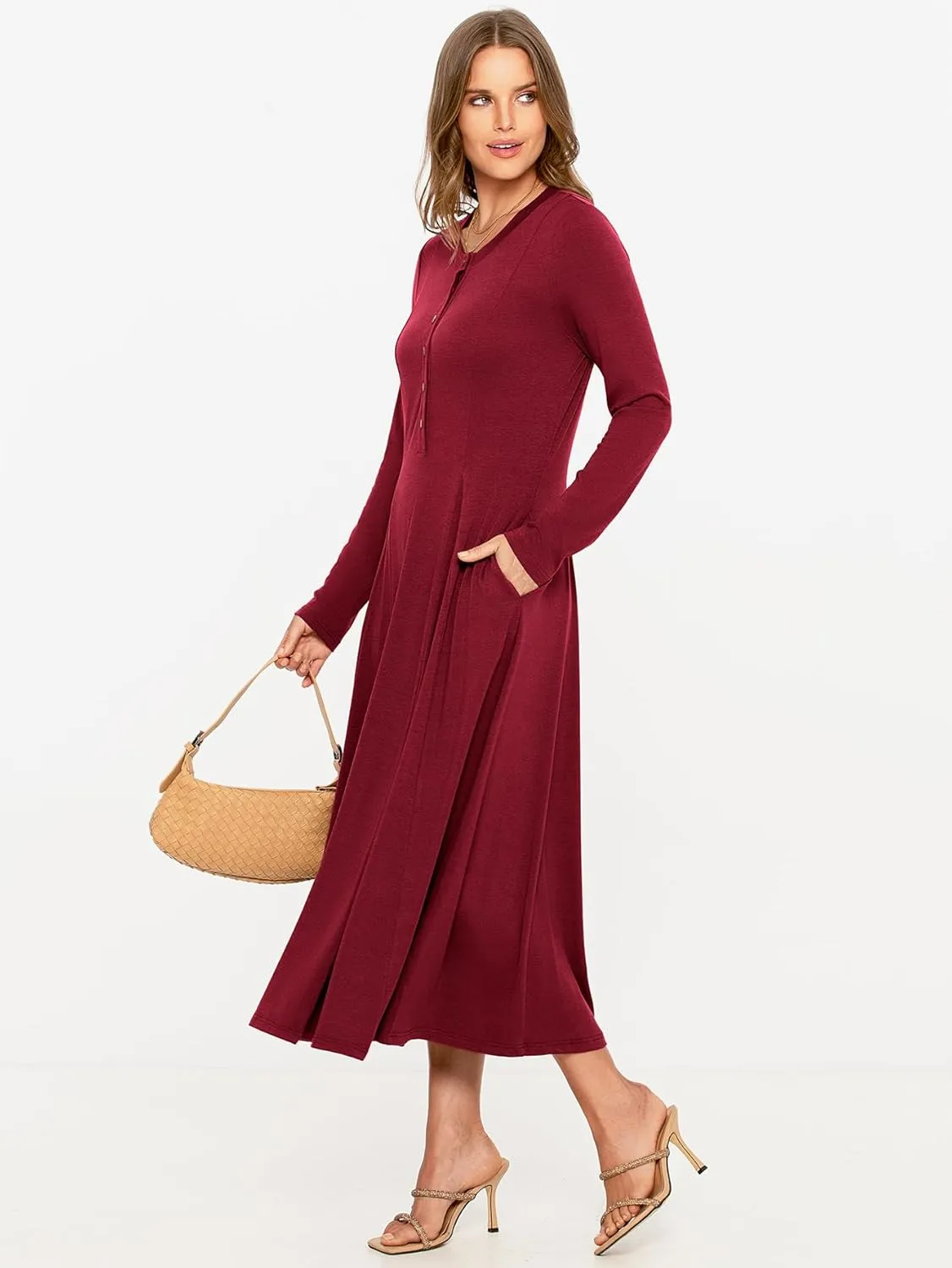 Glamaker Womens Casual Long Sleeve Maxi Dresses Crew Neck Button Down A line Flowy Dresses with Pockets