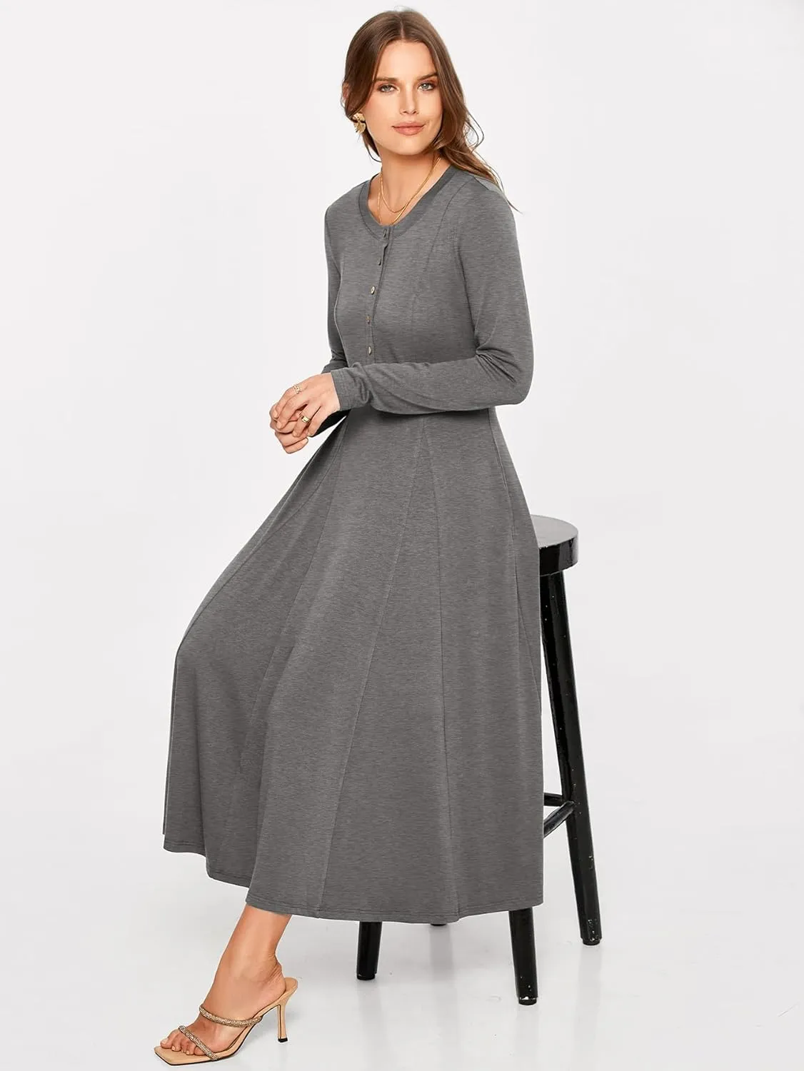 Glamaker Womens Casual Long Sleeve Maxi Dresses Crew Neck Button Down A line Flowy Dresses with Pockets
