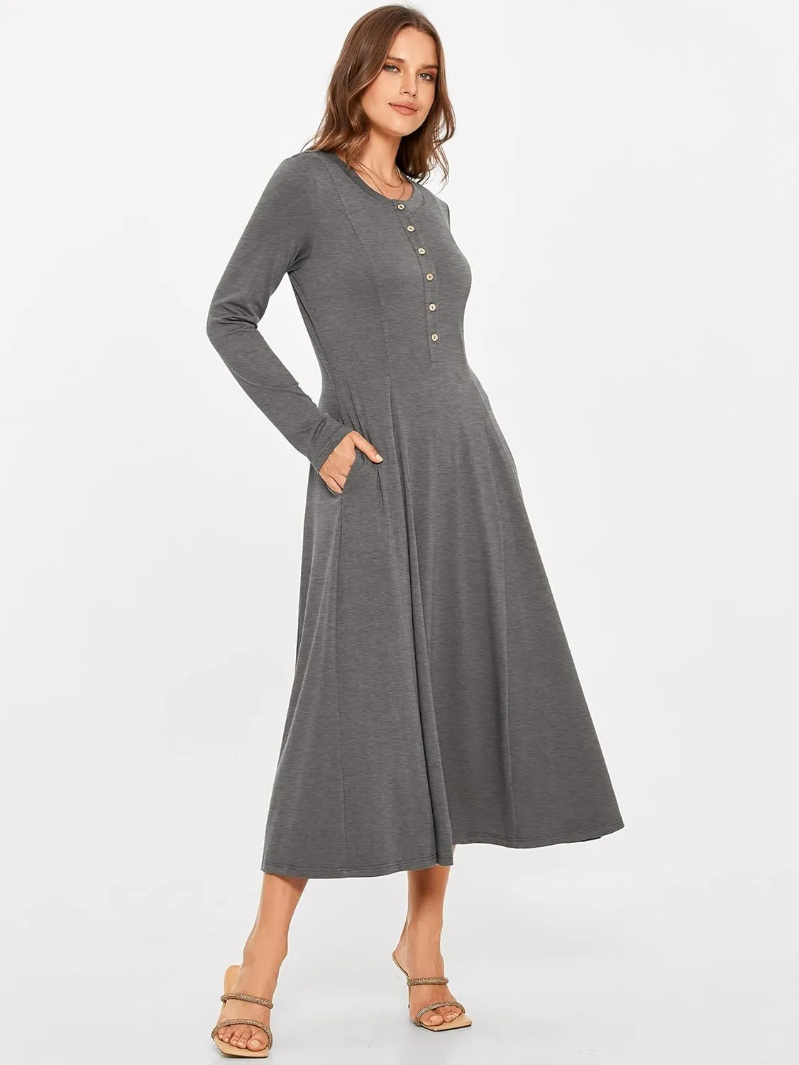 Glamaker Womens Casual Long Sleeve Maxi Dresses Crew Neck Button Down A line Flowy Dresses with Pockets