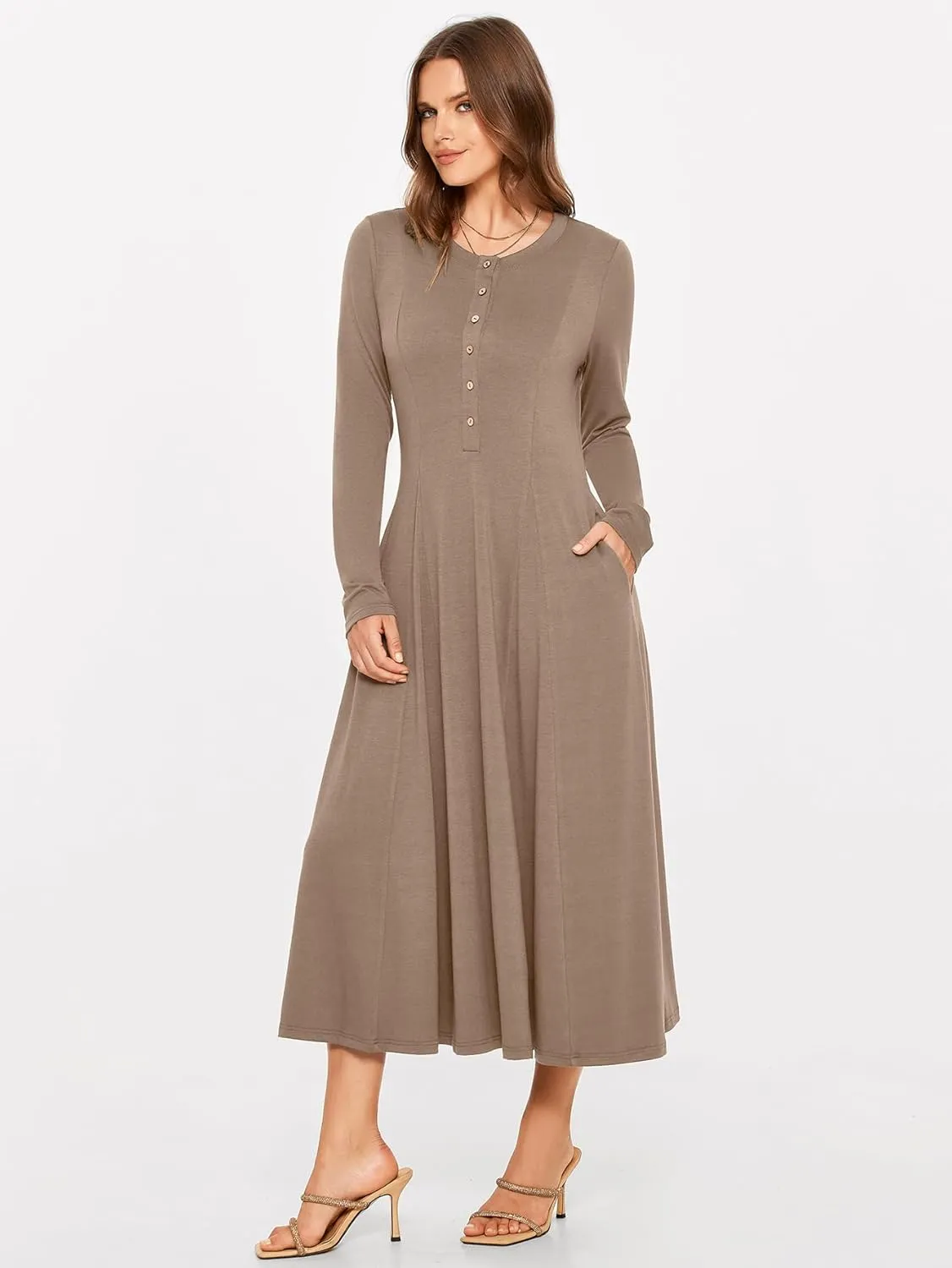 Glamaker Womens Casual Long Sleeve Maxi Dresses Crew Neck Button Down A line Flowy Dresses with Pockets