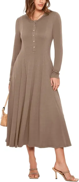 Glamaker Womens Casual Long Sleeve Maxi Dresses Crew Neck Button Down A line Flowy Dresses with Pockets
