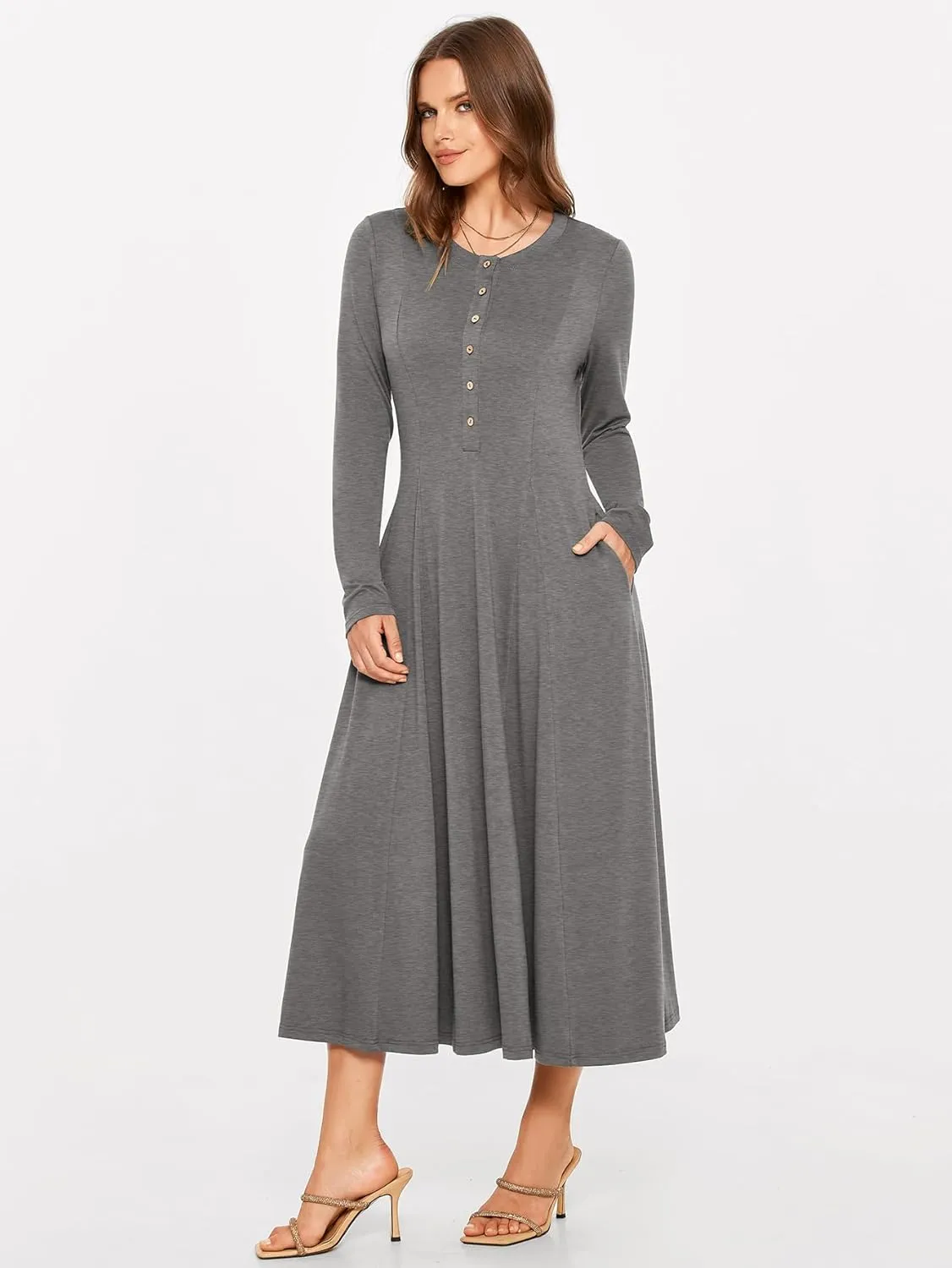 Glamaker Womens Casual Long Sleeve Maxi Dresses Crew Neck Button Down A line Flowy Dresses with Pockets
