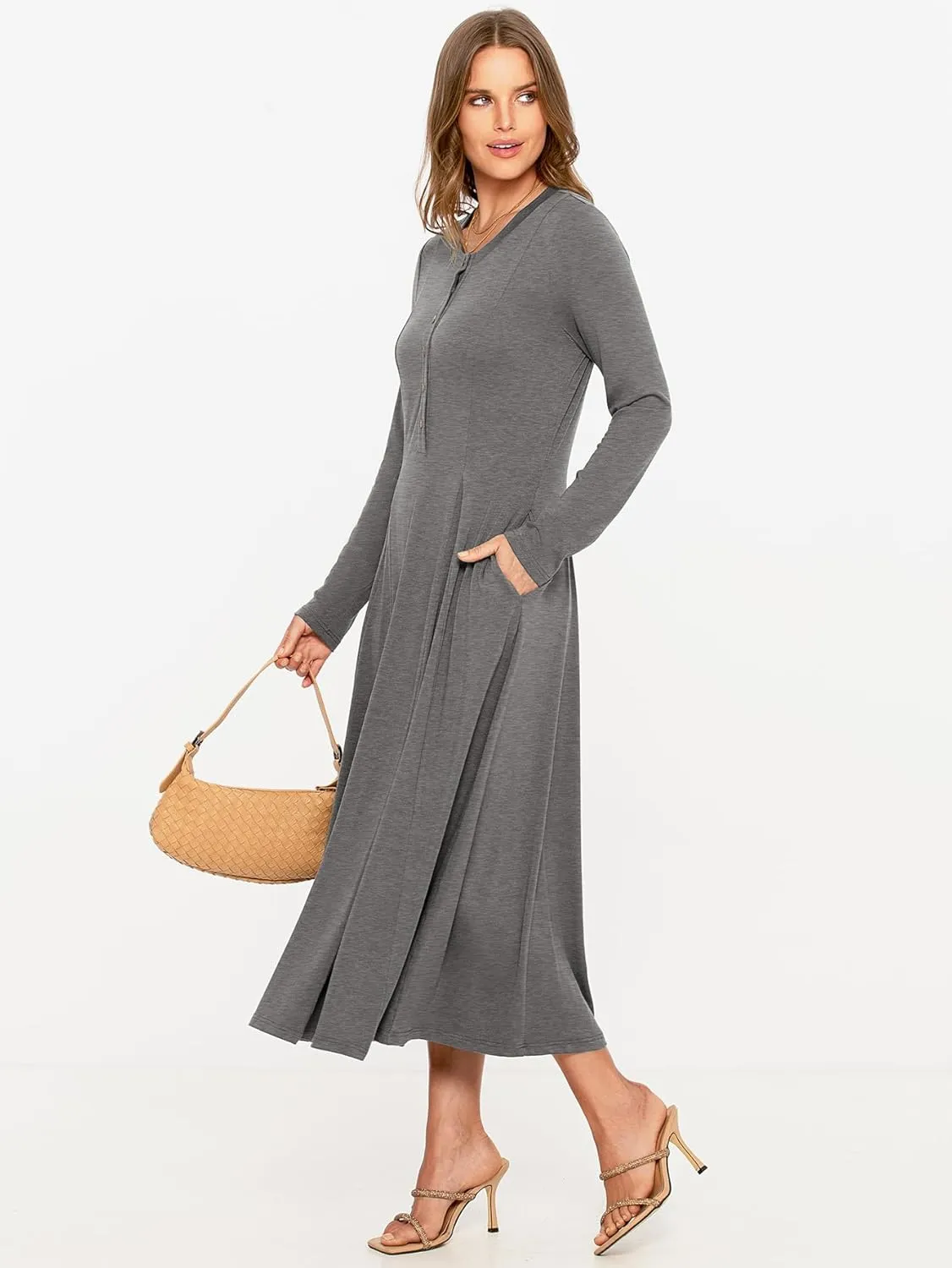 Glamaker Womens Casual Long Sleeve Maxi Dresses Crew Neck Button Down A line Flowy Dresses with Pockets