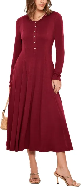 Glamaker Womens Casual Long Sleeve Maxi Dresses Crew Neck Button Down A line Flowy Dresses with Pockets