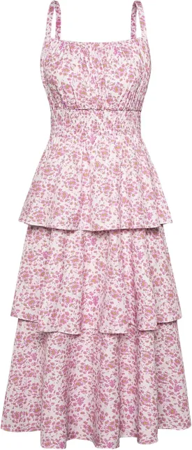 GRACE KARIN Women Summer Maxi Dress Floral Sleeveless Smocked Tiered Ruffle Spaghetti Strap Boho A Line Flowy Beach Sundress