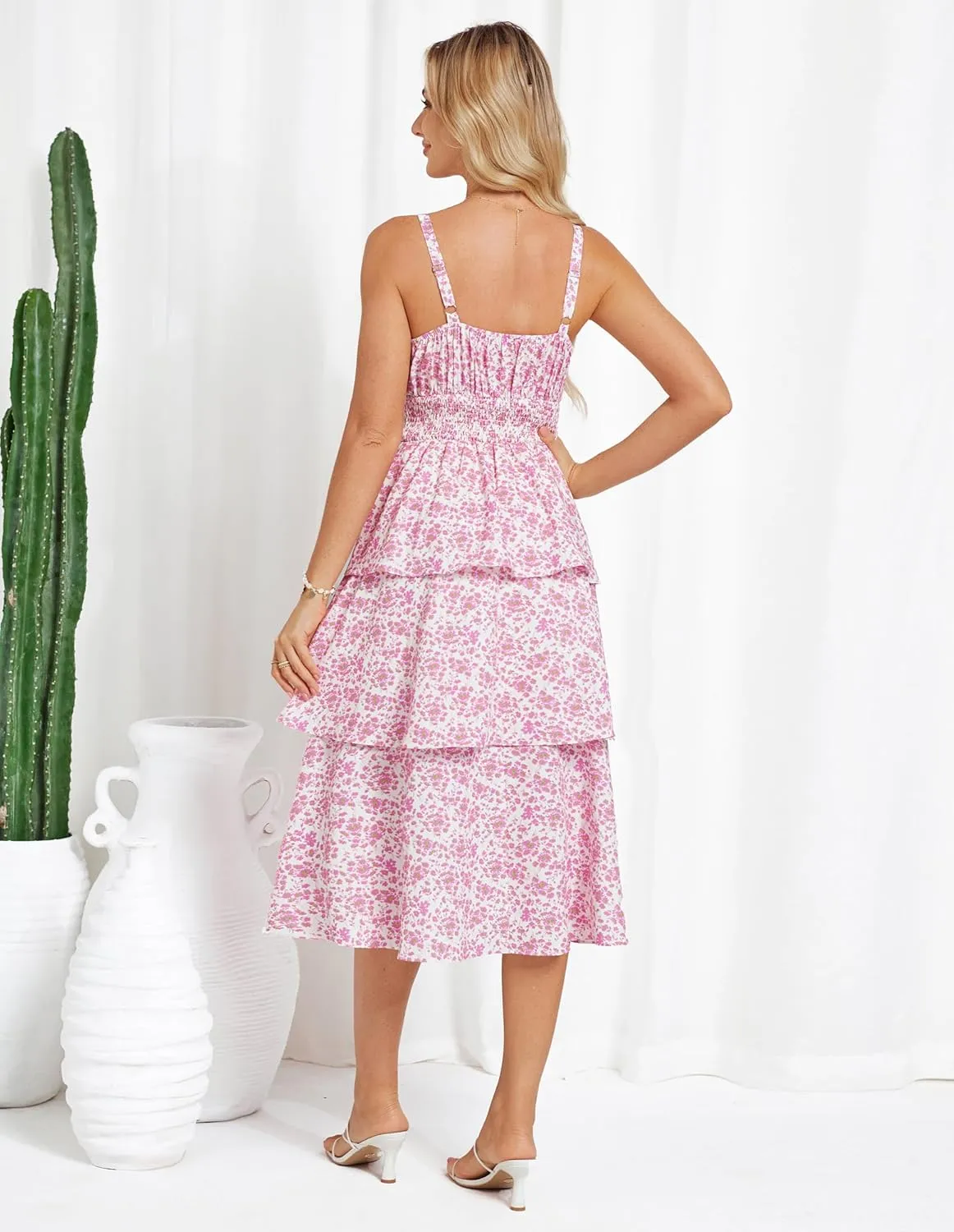 GRACE KARIN Women Summer Maxi Dress Floral Sleeveless Smocked Tiered Ruffle Spaghetti Strap Boho A Line Flowy Beach Sundress