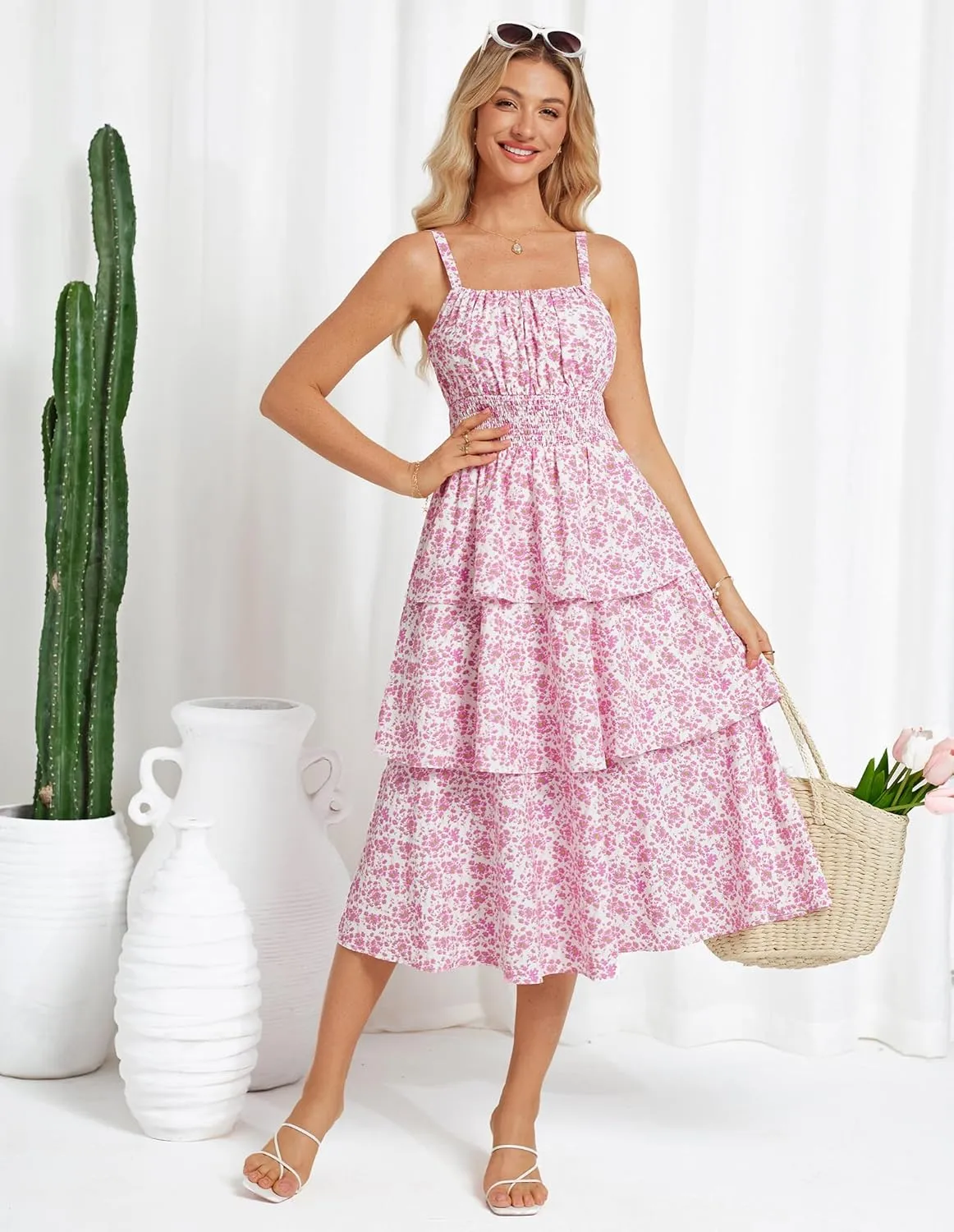 GRACE KARIN Women Summer Maxi Dress Floral Sleeveless Smocked Tiered Ruffle Spaghetti Strap Boho A Line Flowy Beach Sundress