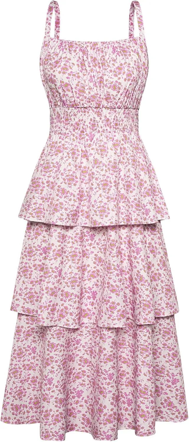 GRACE KARIN Women Summer Maxi Dress Floral Sleeveless Smocked Tiered Ruffle Spaghetti Strap Boho A Line Flowy Beach Sundress