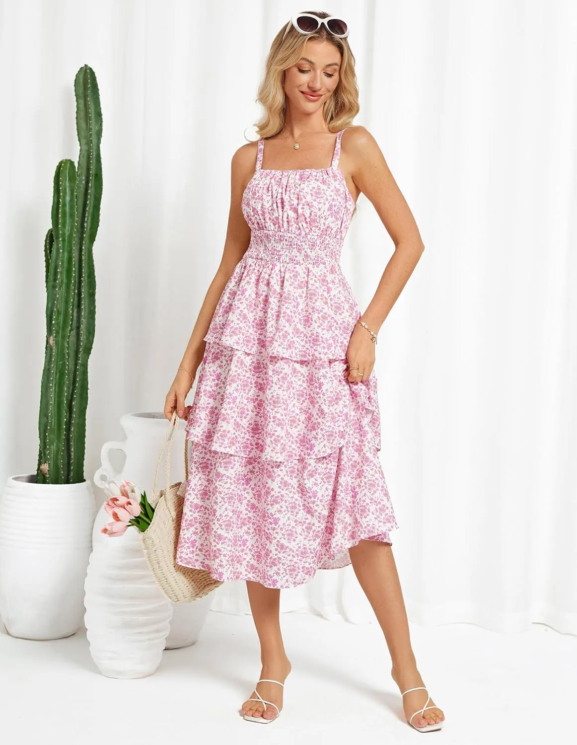 GRACE KARIN Women Summer Maxi Dress Floral Sleeveless Smocked Tiered Ruffle Spaghetti Strap Boho A Line Flowy Beach Sundress