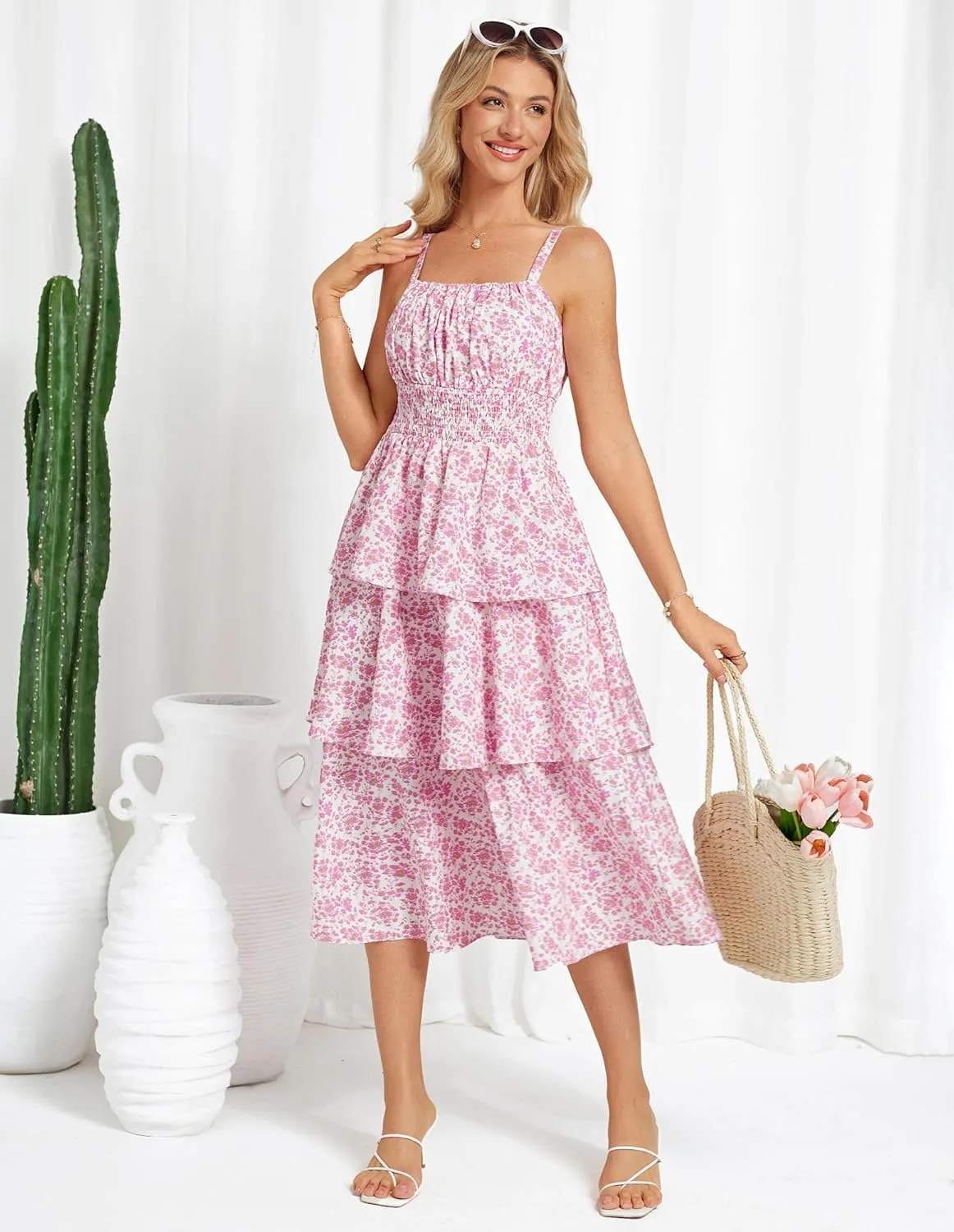 GRACE KARIN Women Summer Maxi Dress Floral Sleeveless Smocked Tiered Ruffle Spaghetti Strap Boho A Line Flowy Beach Sundress
