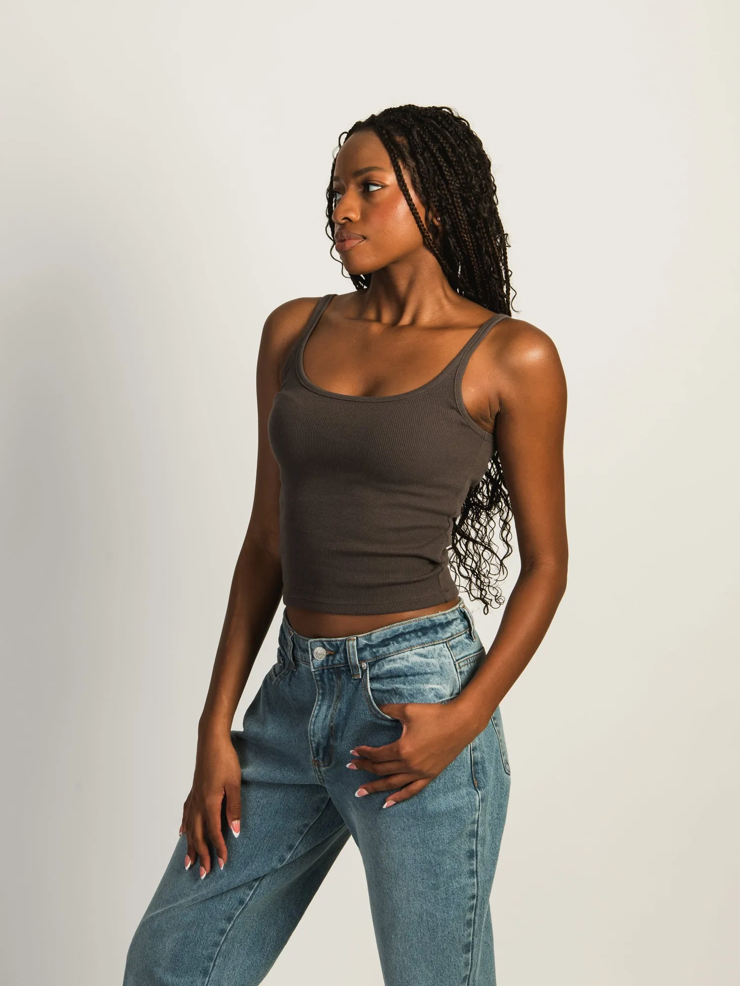 HARLOW ESSENTIAL RIBBED TANK TOP - CHARCOAL