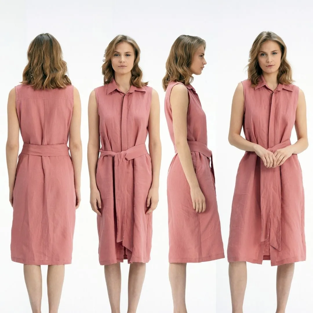 Hidden Button Linen Summer Dress