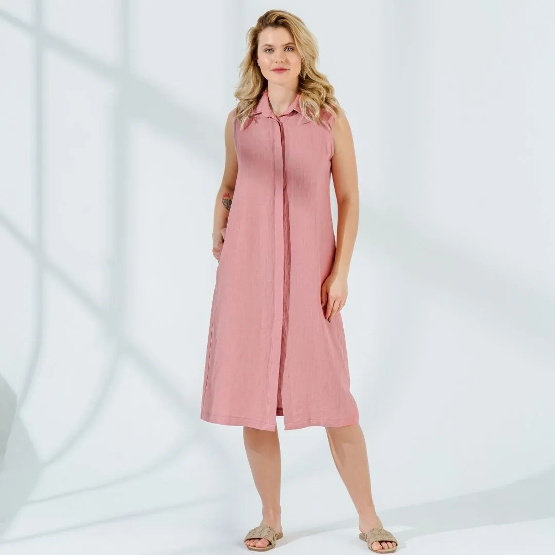 Hidden Button Linen Summer Dress