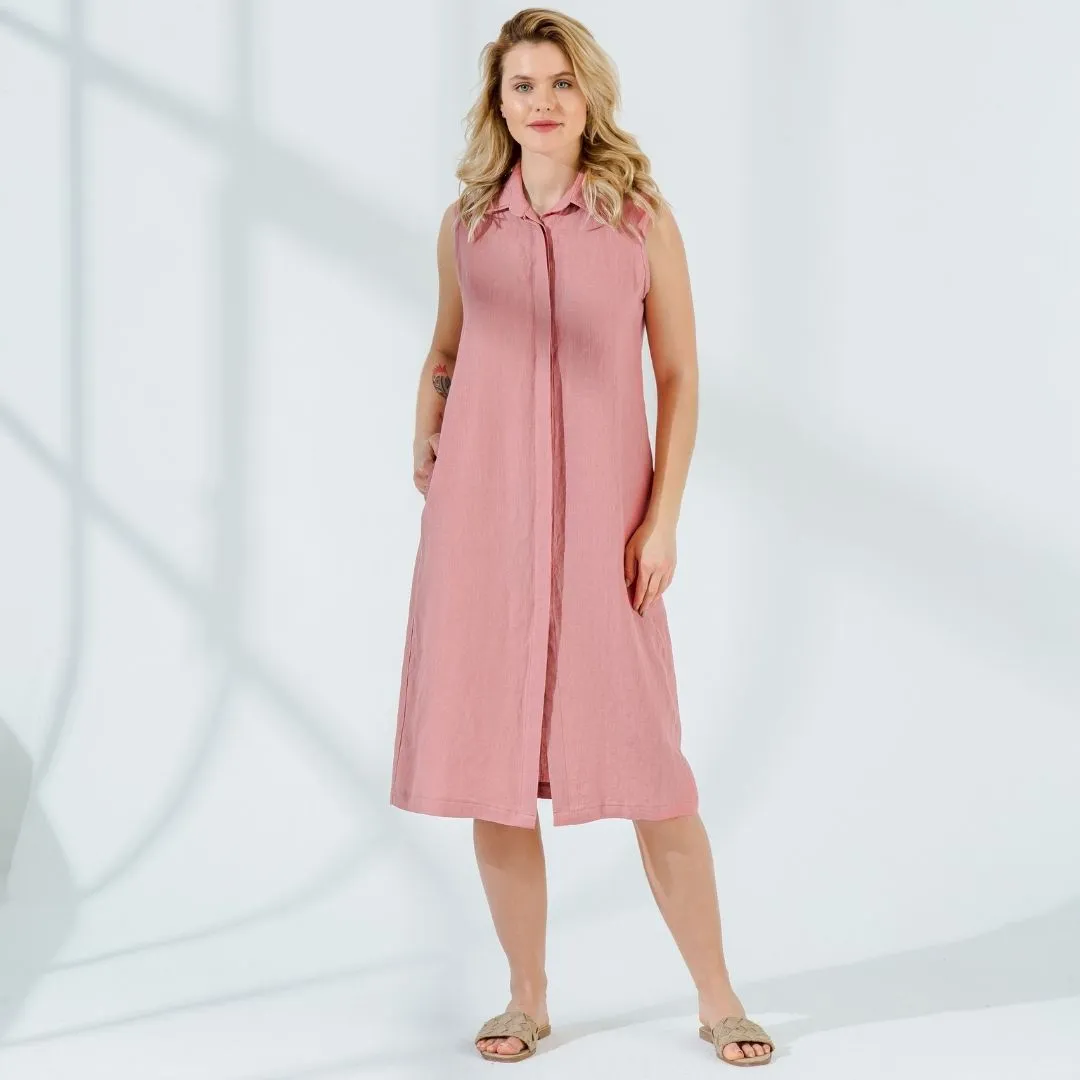 Hidden Button Linen Summer Dress