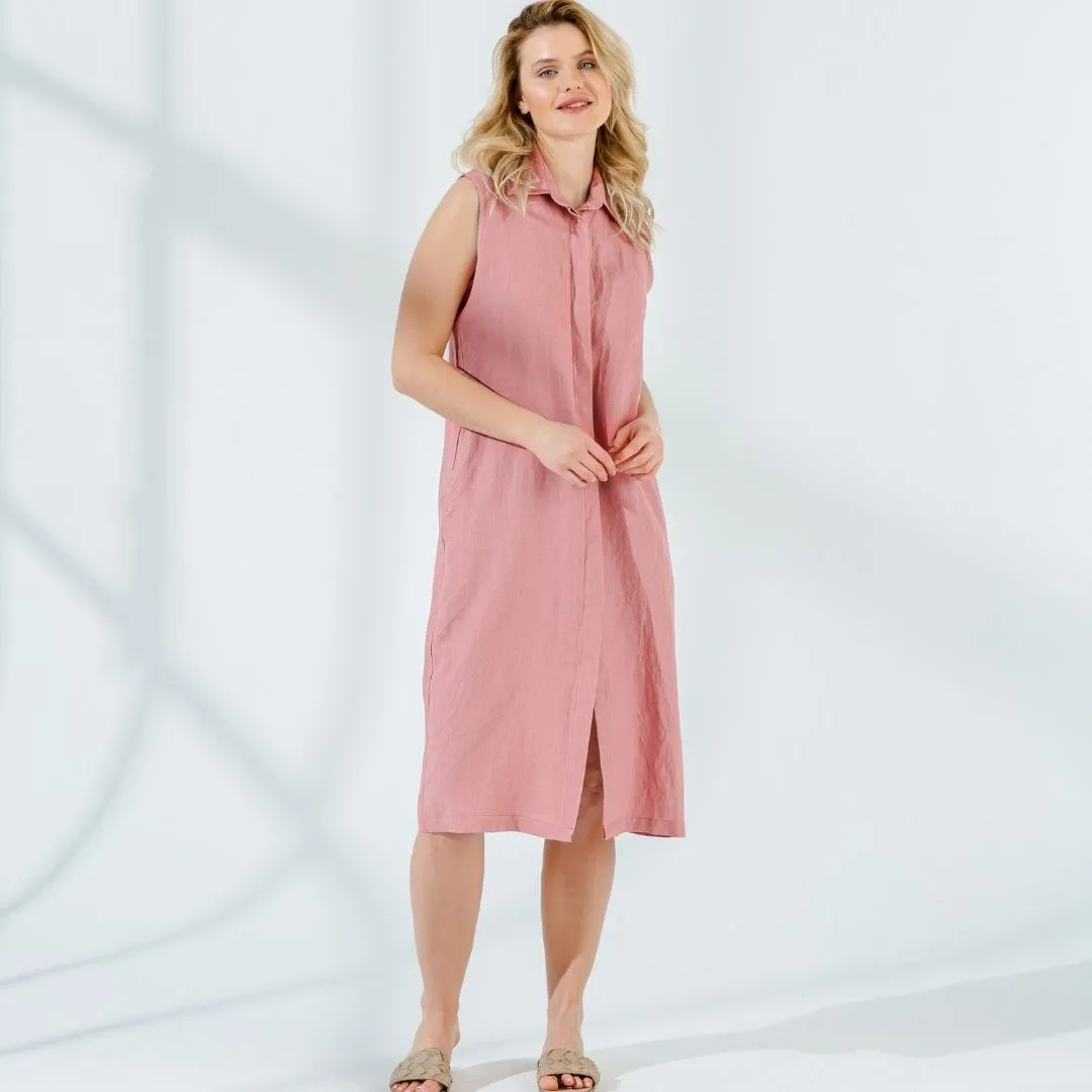 Hidden Button Linen Summer Dress